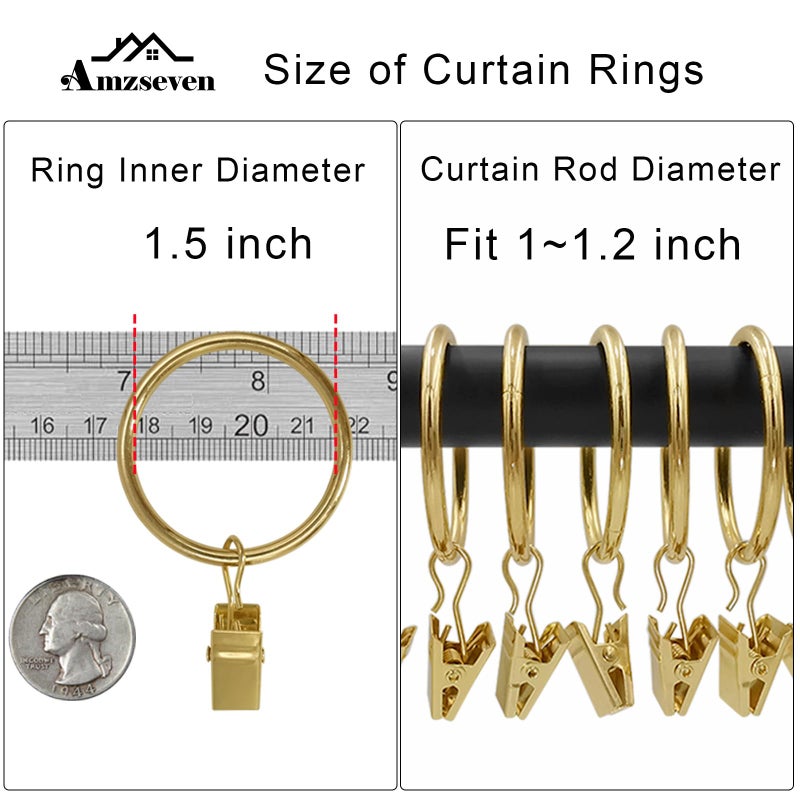 AMZSEVEN 40 Pack Metal Curtain Rings with Clips, Drapery Clips Hooks, Decorative Curtain Rod Clips 1.5 in Interior Diameter, Gold - Image 3